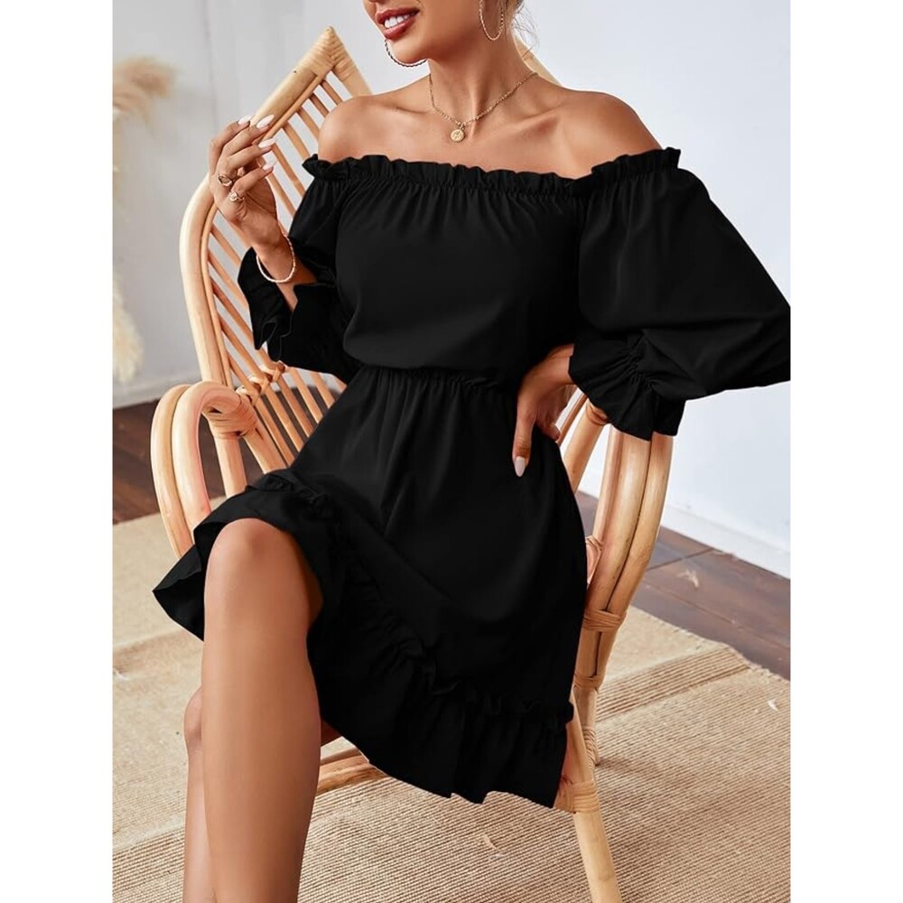 Off The Shoulder Long Sleeve Ruffle Frill Elastic Waist Mini Dress Sz L
